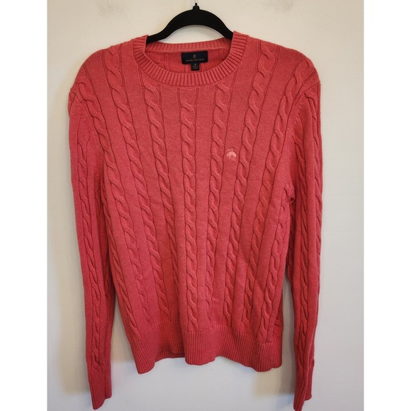 Brooks Brothers Womens Cable Knit Sweater Medium Coral Crewneck Cotton Preppy - Picture 1 of 7